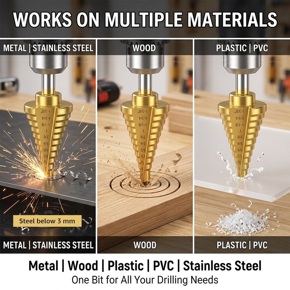6-Pack Titanium Coated Step Drill Bits – Wear-Resistant, Dual Flutes, Ideal for Metal, Wood & Plastic, Includes Aluminum Storage Case