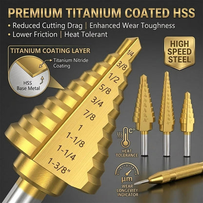 6-Pack Titanium Coated Step Drill Bits – Wear-Resistant, Dual Flutes, Ideal for Metal, Wood & Plastic, Includes Aluminum Storage Case