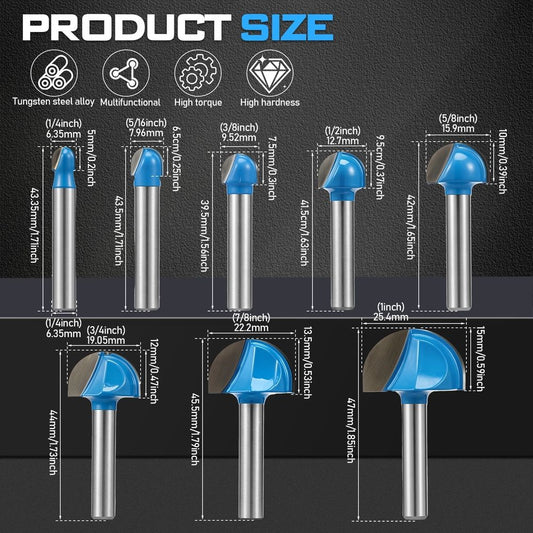 1/4 Inch Shank Round Nose Router Bit Set, 8 Pcs Core Box Router Bits for Woodworking, Cove Box Groove Cutting Tools (1/4" to 1" Cutting Dia)
