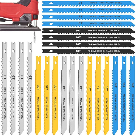 24Pcs Jig Saw Blade Set High Carbon Steel Assorted Saw Blades with U-shank Sharp Fast Cut Down Jigsaw Blade Woodworking Tool for Wood Metal Plastic Cutting
