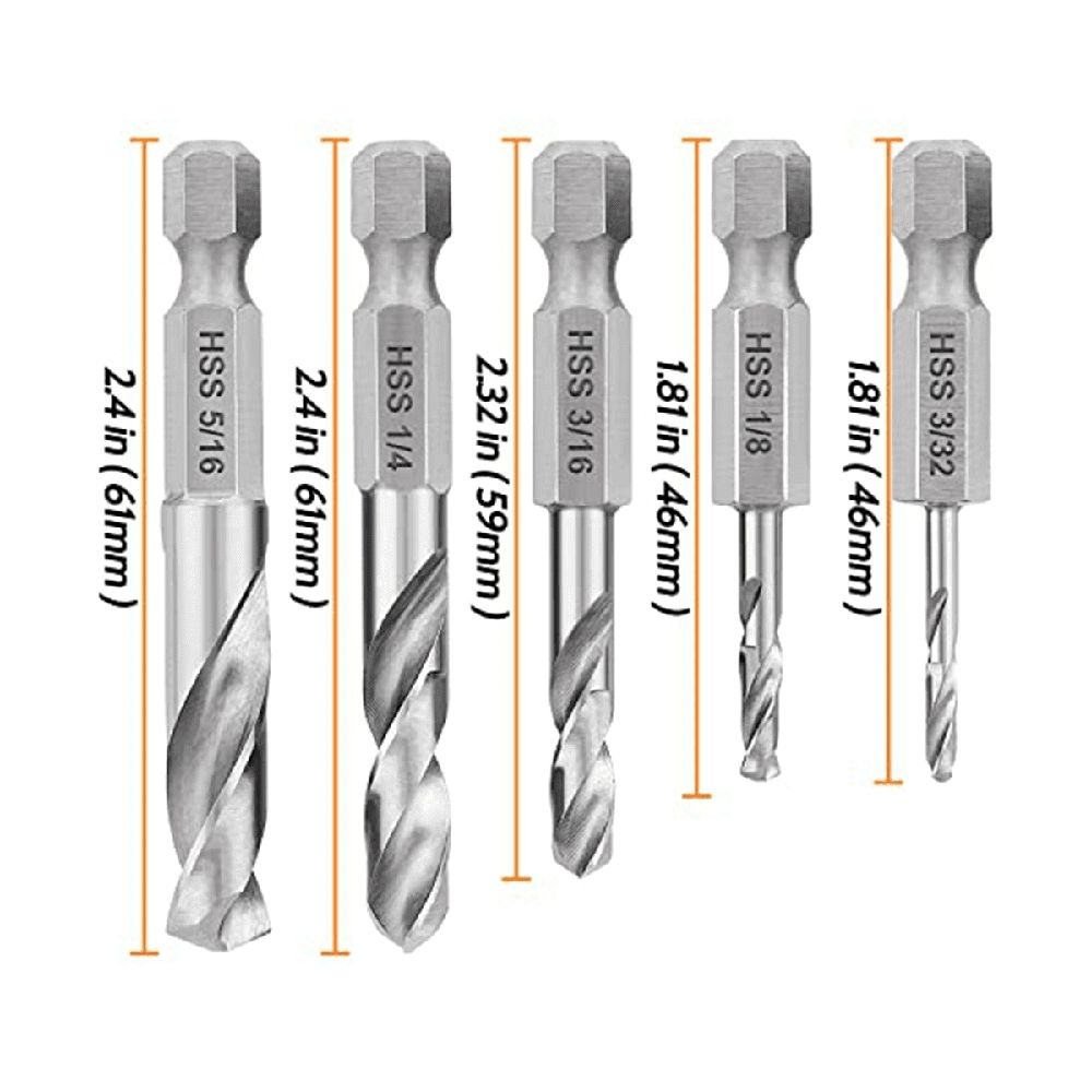 1/4 Hex Shank Drill Bit Set 5PCS Stubby for Metal M2 Short Length Steel Quick Change Chuck