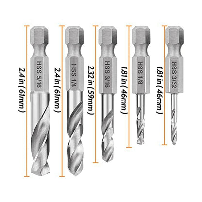 1/4 Hex Shank Drill Bit Set 5PCS Stubby for Metal M2 Short Length Steel Quick Change Chuck