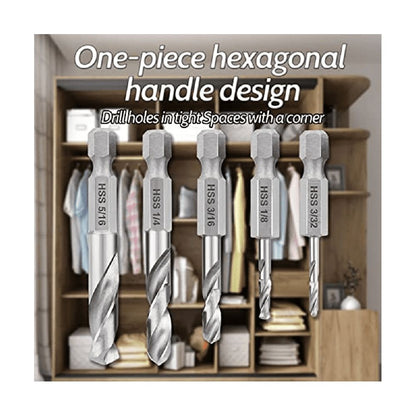 1/4 Hex Shank Drill Bit Set 5PCS Stubby for Metal M2 Short Length Steel Quick Change Chuck