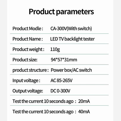 CA-300V Portable LED Lamp Beads Light Bar TV Backlight Tester LED Strips Beads Lamp Board Test Tool Capacitance Diode Voltage Testing with Switch