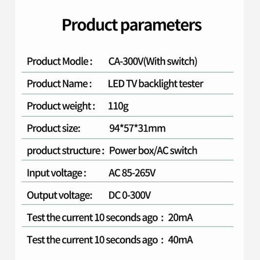 CA-300V Portable LED Lamp Beads Light Bar TV Backlight Tester LED Strips Beads Lamp Board Test Tool Capacitance Diode Voltage Testing with Switch