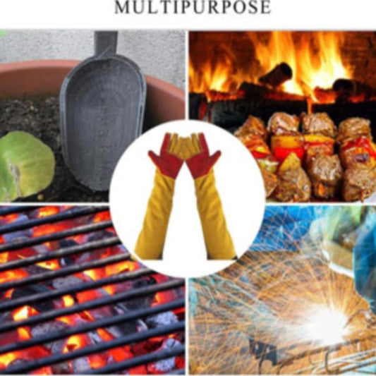 Long Sleeves Leather Welding Gloves Heat and Wear Hand Protectors Fire Boot Tools Gifts,Barbecue Stove Fire Gloves, Puncture Resistant Gloves for Garden and Animal Handling for Welders