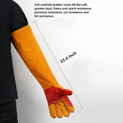 Long Sleeves Leather Welding Gloves Heat and Wear Hand Protectors Fire Boot Tools Gifts,Barbecue Stove Fire Gloves, Puncture Resistant Gloves for Garden and Animal Handling for Welders