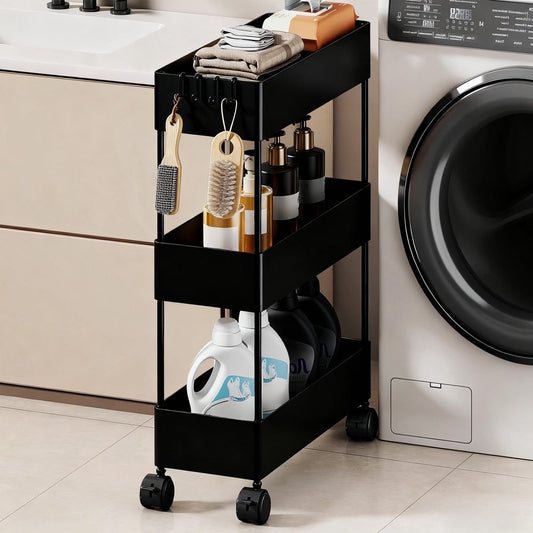 Slim Rolling Storage Rack - 25.19"x15.74"x4.72" Space-Saving Organizer on Wheels, 3-Tier Mobile Shelf for Laundry Room or Bathroom Between Washer and Toilet