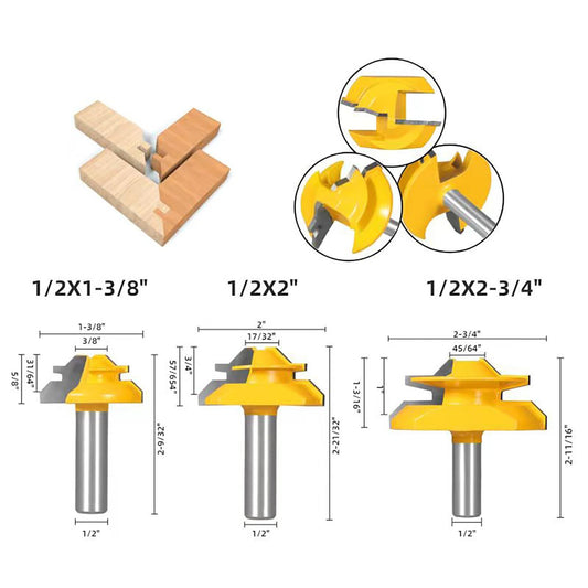 45 Degree Lock Miter Router Bit 3-Piece Set, for 31/64", 3/4"，1"，1/2 Inch Shank.Woodworking Tools Joint Router Bits 3PCS )