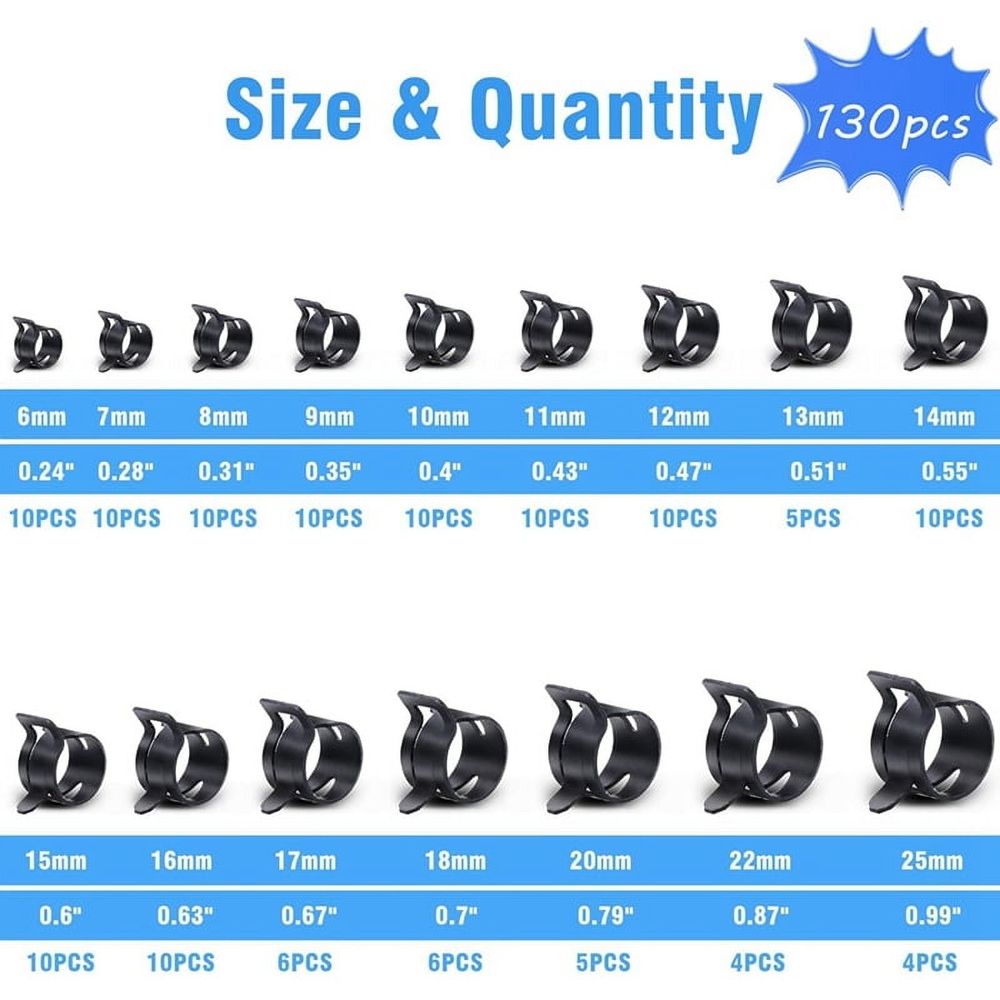 130Pcs 6-25mm Spring Band Hose Clamps with Swivel Hose Clamp Plier Assortment Kit,Constant Tension Hose Clamp Line