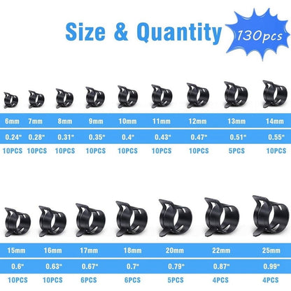 130Pcs 6-25mm Spring Band Hose Clamps with Swivel Hose Clamp Plier Assortment Kit,Constant Tension Hose Clamp Line