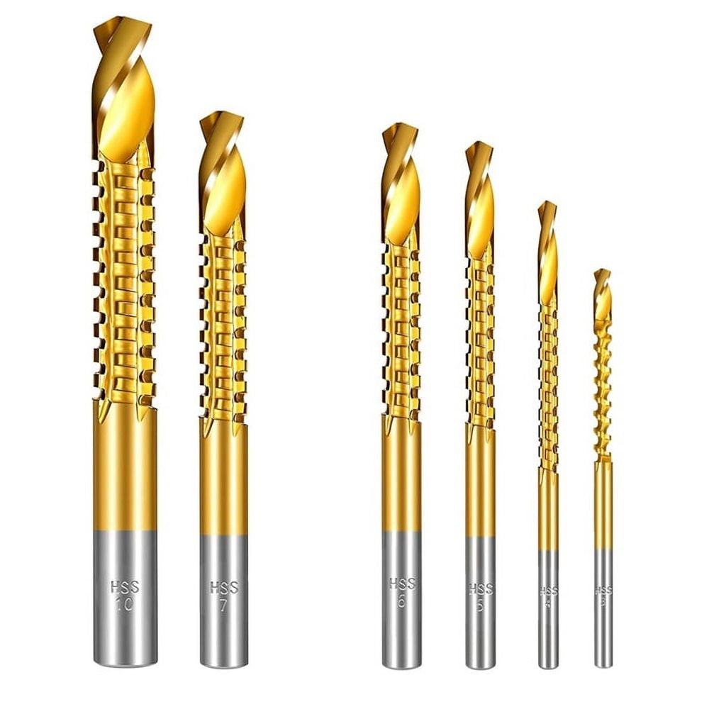 7PCS Titanium Coated HSS Twist Drill Bits, 3-10mm Serrated Side Cutting Drill Bit, Hex Shank Serrated Cutting Drill Bits