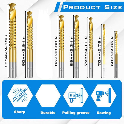 7PCS Titanium Coated HSS Twist Drill Bits, 3-10mm Serrated Side Cutting Drill Bit, Hex Shank Serrated Cutting Drill Bits