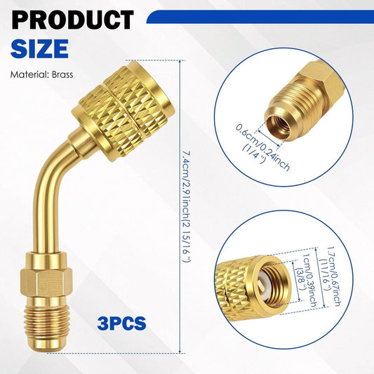 R-32 R-454B Refrigerant Adapter, 3Pcs A2L Tank Brass 45° HVAC Charging Adapter Fitting with 1/4 Inch Left-Hand Thread for Service Hoses
