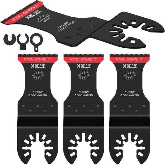 4Pcs Carbide Oscillating Saw Blades Set Universal Oscillating Multitool Blades Multipurpose Cutting Oscillating Tool Blades with 3 Spacer Adapters for Cutting Wood Metal Screws