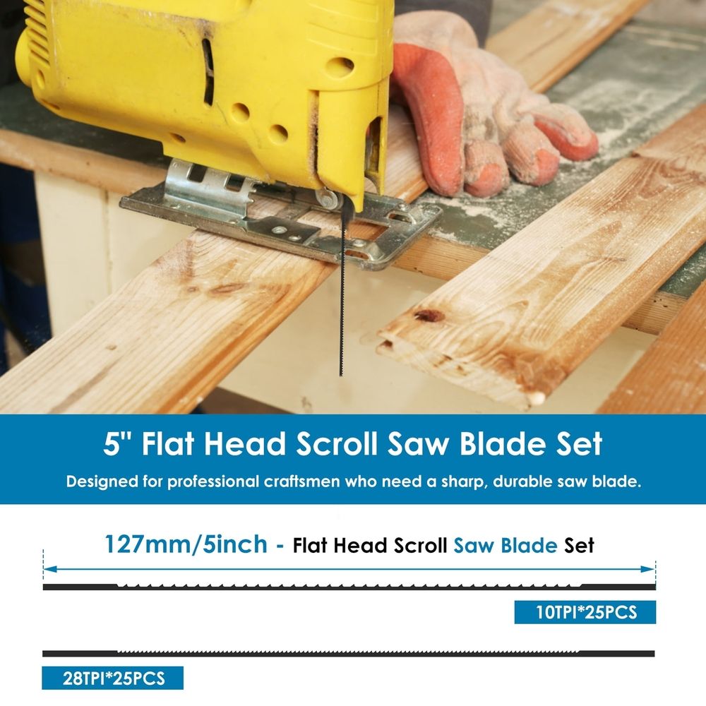 5 Inch Plain End Scroll Saw Blade Set, Pinless High Carbon Steel Plain End Scroll Saw Blade Set, 50 Pack ( 28TPI, 10TPI )
