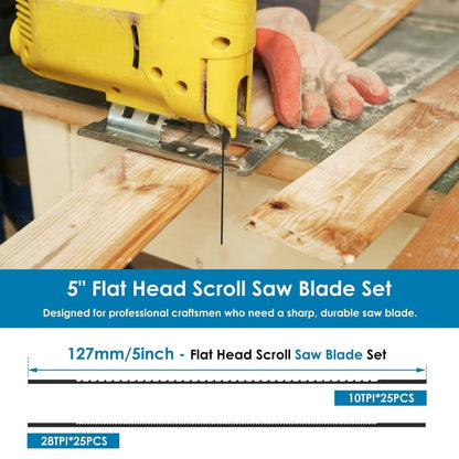 5 Inch Plain End Scroll Saw Blade Set, Pinless High Carbon Steel Plain End Scroll Saw Blade Set, 50 Pack ( 28TPI, 10TPI )