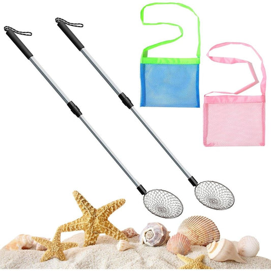 2 Pack Beach Sand Sifter with 2 Pcs Mesh Beach Bag, Sand Scoops, Shell Scooper for Beach, Beachcombing & Rock Hunting