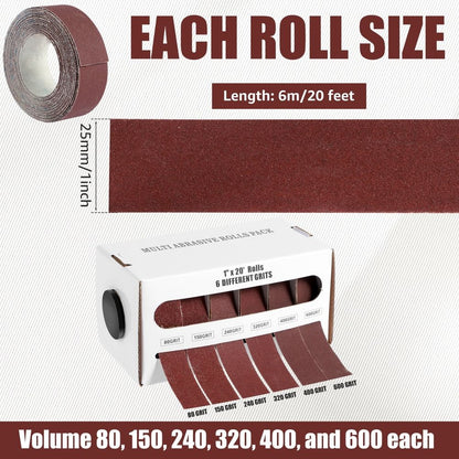 Emery Cloth Roll, 6 Grits 1"x20\', Wet Dry Sandpaper Assortment with Dispenser, 80 150 240 320 400 600 Grits for Metal and Automotive