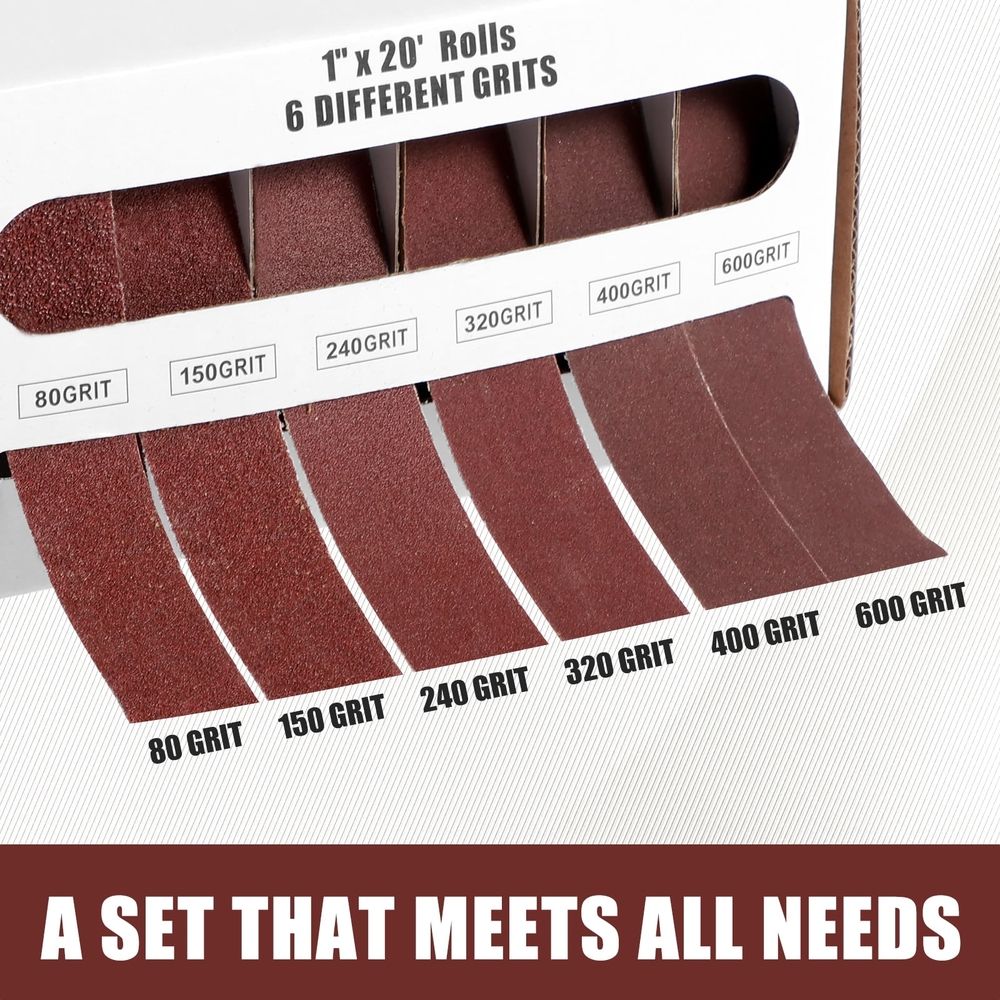Emery Cloth Roll, 6 Grits 1"x20\', Wet Dry Sandpaper Assortment with Dispenser, 80 150 240 320 400 600 Grits for Metal and Automotive