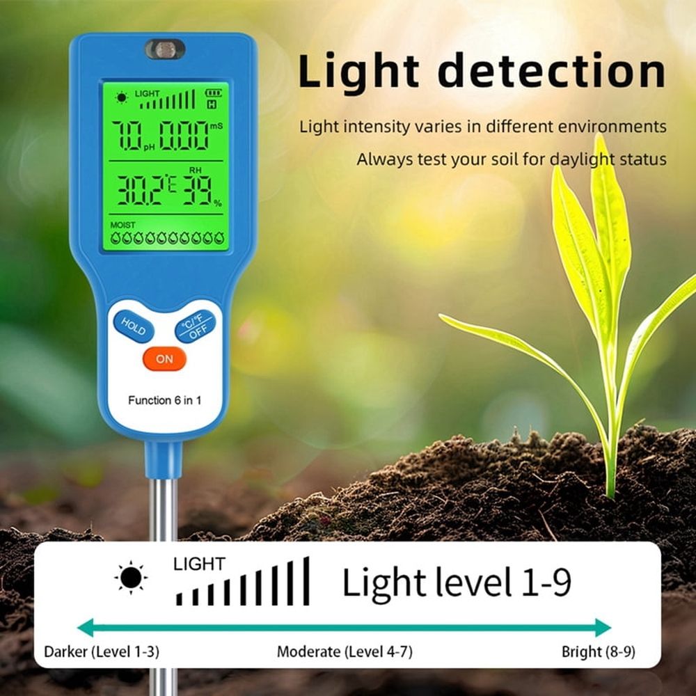 6-in-1 Soil Tester Multi-Function Digital Soil PH Meter Large Screen Digital Display Test Value PH Meter