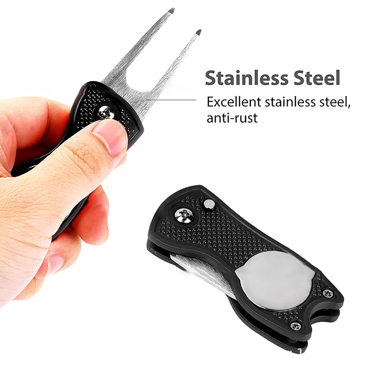 Golf Divot Repair Tool, Foldable Pop-up Button Stainless Steel Switchblade & Detachable Golf Ball Marker