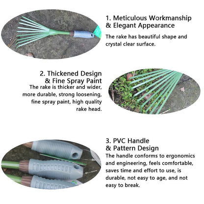 Mini Garden Rake 15.4 Inch 9 Root Iron Hand Fan Leaf Rake Handle Heavy Duty Handheld Claw Rake for Garden Patio Backyard,Sweep