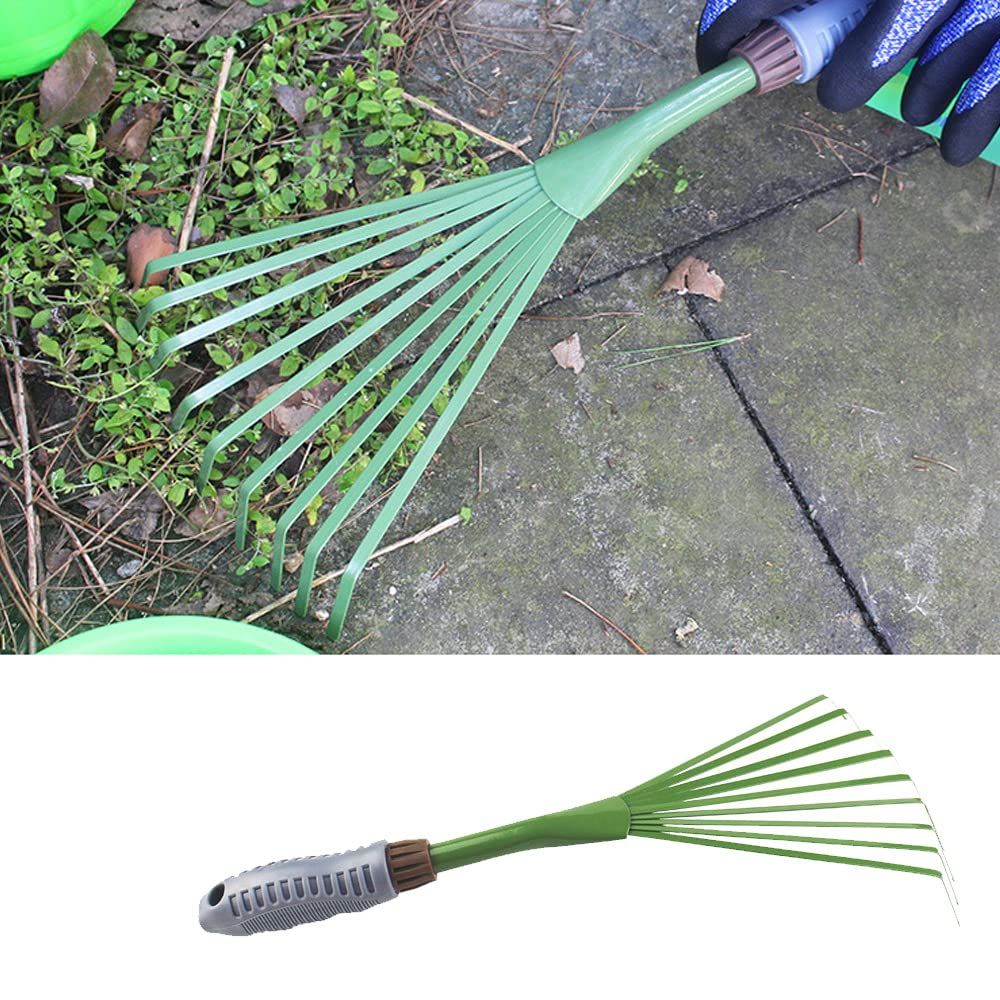 Mini Garden Rake 15.4 Inch 9 Root Iron Hand Fan Leaf Rake Handle Heavy Duty Handheld Claw Rake for Garden Patio Backyard,Sweep