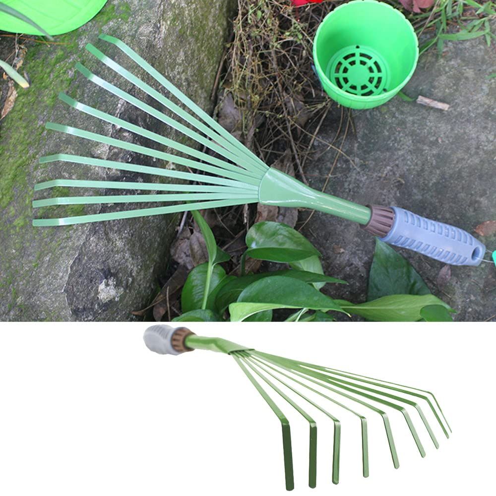 Mini Garden Rake 15.4 Inch 9 Root Iron Hand Fan Leaf Rake Handle Heavy Duty Handheld Claw Rake for Garden Patio Backyard,Sweep