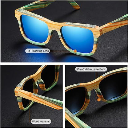 Men Women Polarized Sunglasses Round Fashionable Bamboo Frame Glasses UV400 ProtectionWood sunglasses Frame