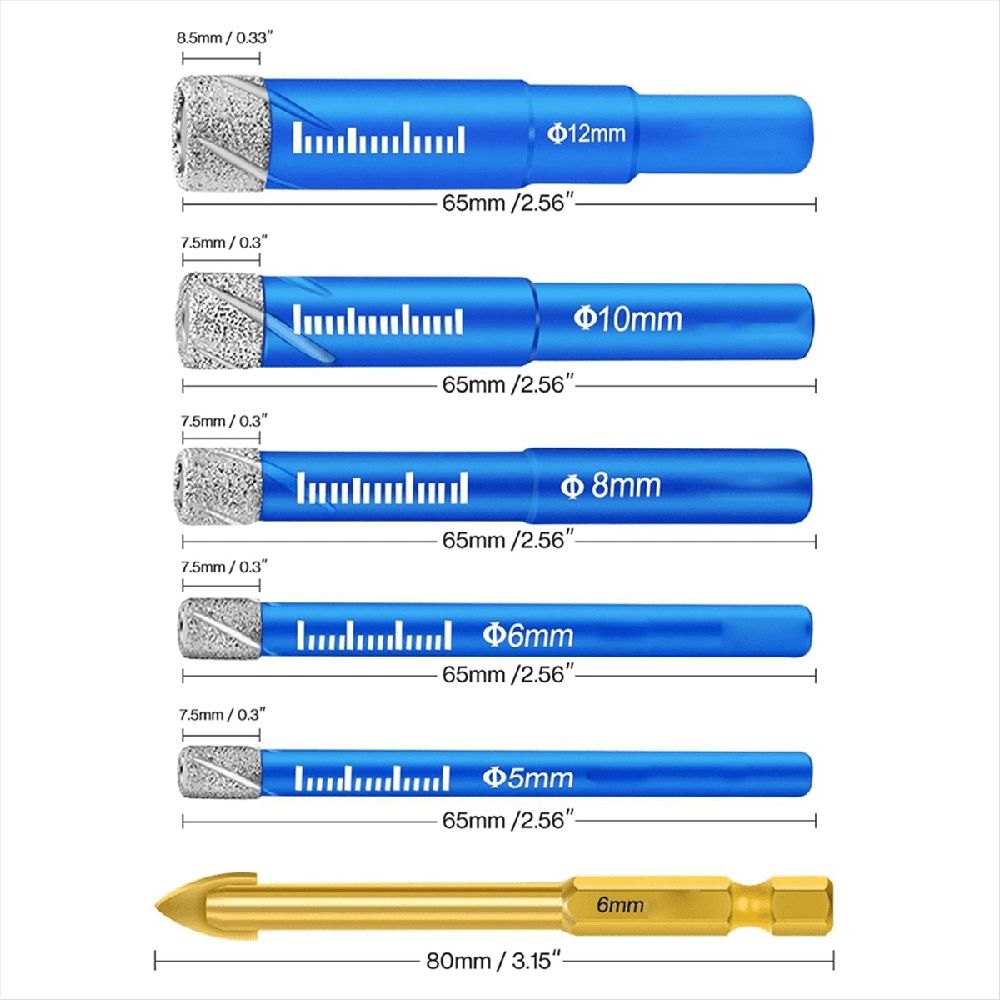 5PCS Dry Diamond Core Drill Bits Set for Porcelain Tile, Ceramic Drill Bits for Glass Hard Materials, Ceramic