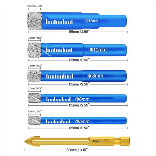 5PCS Dry Diamond Core Drill Bits Set for Porcelain Tile, Ceramic Drill Bits for Glass Hard Materials, Ceramic