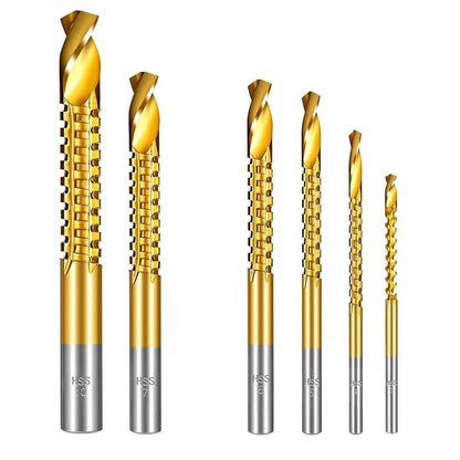 7PCS Titanium Coated HSS Twist Drill Bits, 3-10mm Serrated Side Cutting Drill Bit, Hex Shank Serrated Cutting Drill Bits
