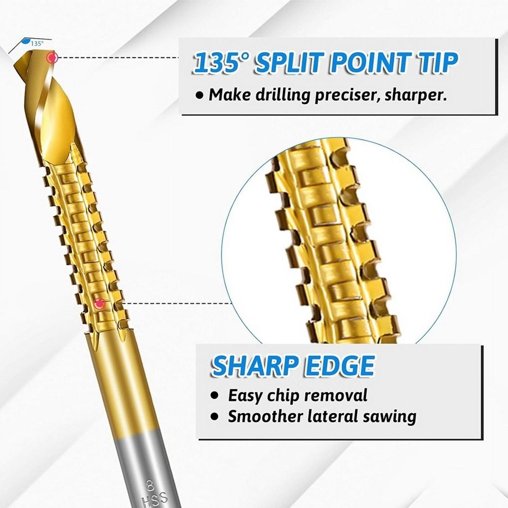 7PCS Titanium Coated HSS Twist Drill Bits, 3-10mm Serrated Side Cutting Drill Bit, Hex Shank Serrated Cutting Drill Bits