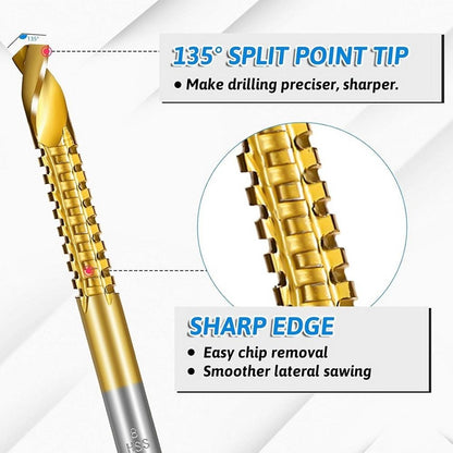 7PCS Titanium Coated HSS Twist Drill Bits, 3-10mm Serrated Side Cutting Drill Bit, Hex Shank Serrated Cutting Drill Bits
