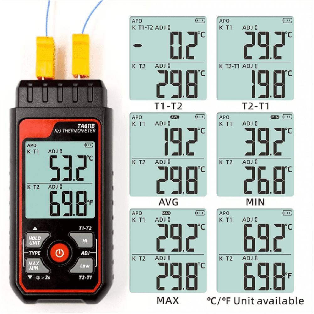 Digital Thermocouple Thermometer Dual-Channel K/J Type Thermometer-328-2501℉ WideRange Industrial HVAC Temperature Meter