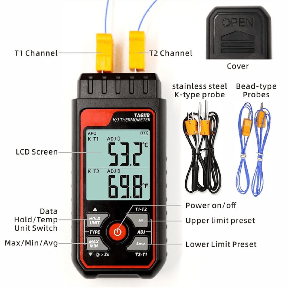 Digital Thermocouple Thermometer Dual-Channel K/J Type Thermometer-328-2501℉ WideRange Industrial HVAC Temperature Meter
