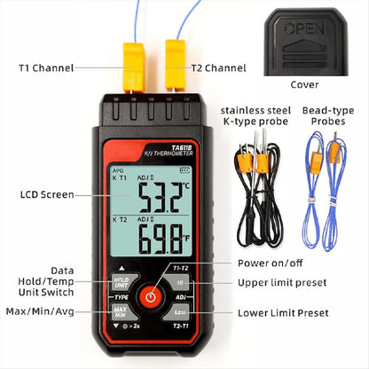 Digital Thermocouple Thermometer Dual-Channel K/J Type Thermometer-328-2501℉ WideRange Industrial HVAC Temperature Meter
