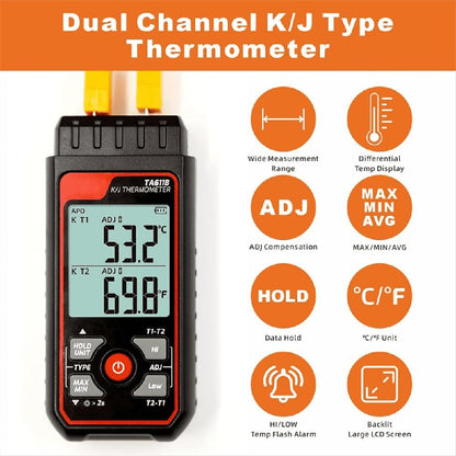 Digital Thermocouple Thermometer Dual-Channel K/J Type Thermometer-328-2501℉ WideRange Industrial HVAC Temperature Meter