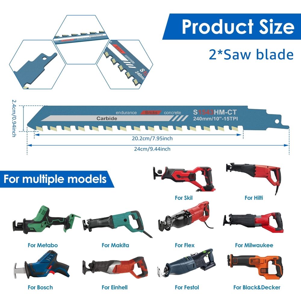 2Pcs Cemented Carbide Reciprocating Saw Blade Stable Cutting Concrete Saw Blade Reduce Dust Reciprocating Cutting Tool for Ceramic
