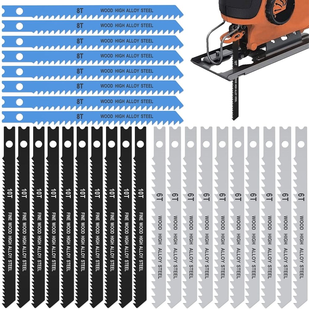 25pcs Jig Saw Blade Set 6T 8T 10T High Carbon Steel Assorted Saw Blades with U-shank Sharp Fast Cut Down Jigsaw Blade Woodworking Tool for Wood Metal Plastic Cutting