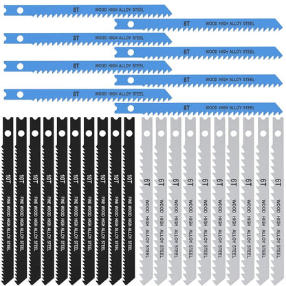25pcs Jig Saw Blade Set 6T 8T 10T High Carbon Steel Assorted Saw Blades with U-shank Sharp Fast Cut Down Jigsaw Blade Woodworking Tool for Wood Metal Plastic Cutting