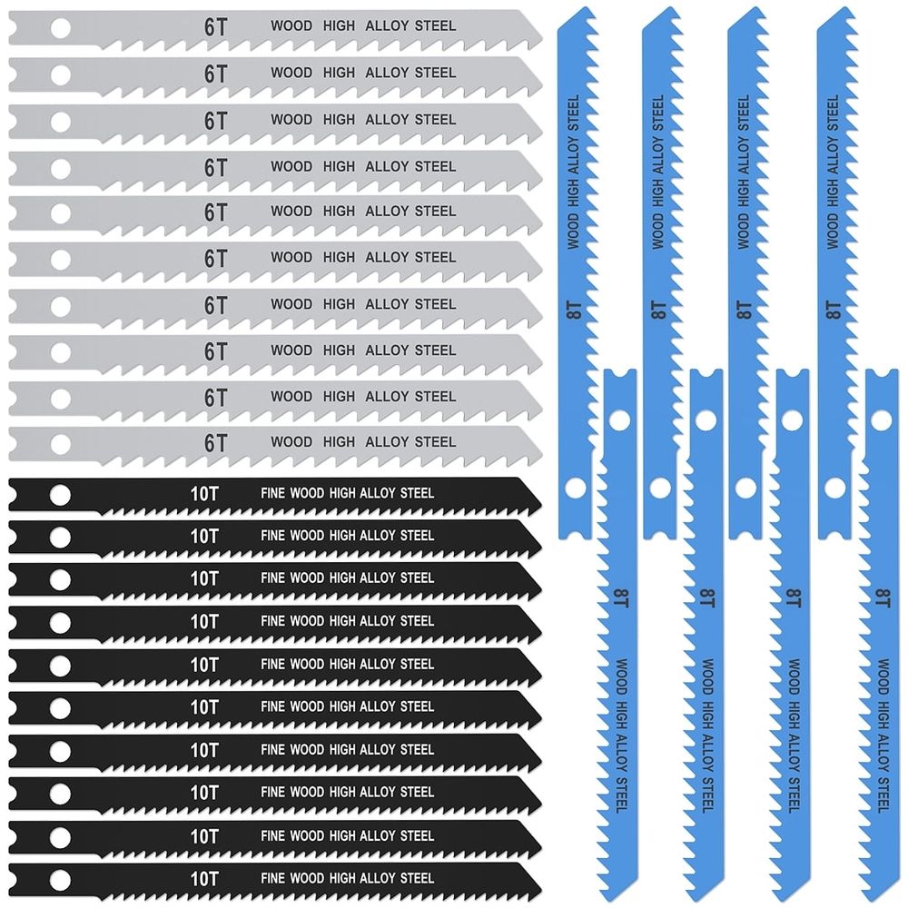 25pcs Jig Saw Blade Set 6T 8T 10T High Carbon Steel Assorted Saw Blades with U-shank Sharp Fast Cut Down Jigsaw Blade Woodworking Tool for Wood Metal Plastic Cutting