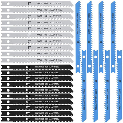 25pcs Jig Saw Blade Set 6T 8T 10T High Carbon Steel Assorted Saw Blades with U-shank Sharp Fast Cut Down Jigsaw Blade Woodworking Tool for Wood Metal Plastic Cutting