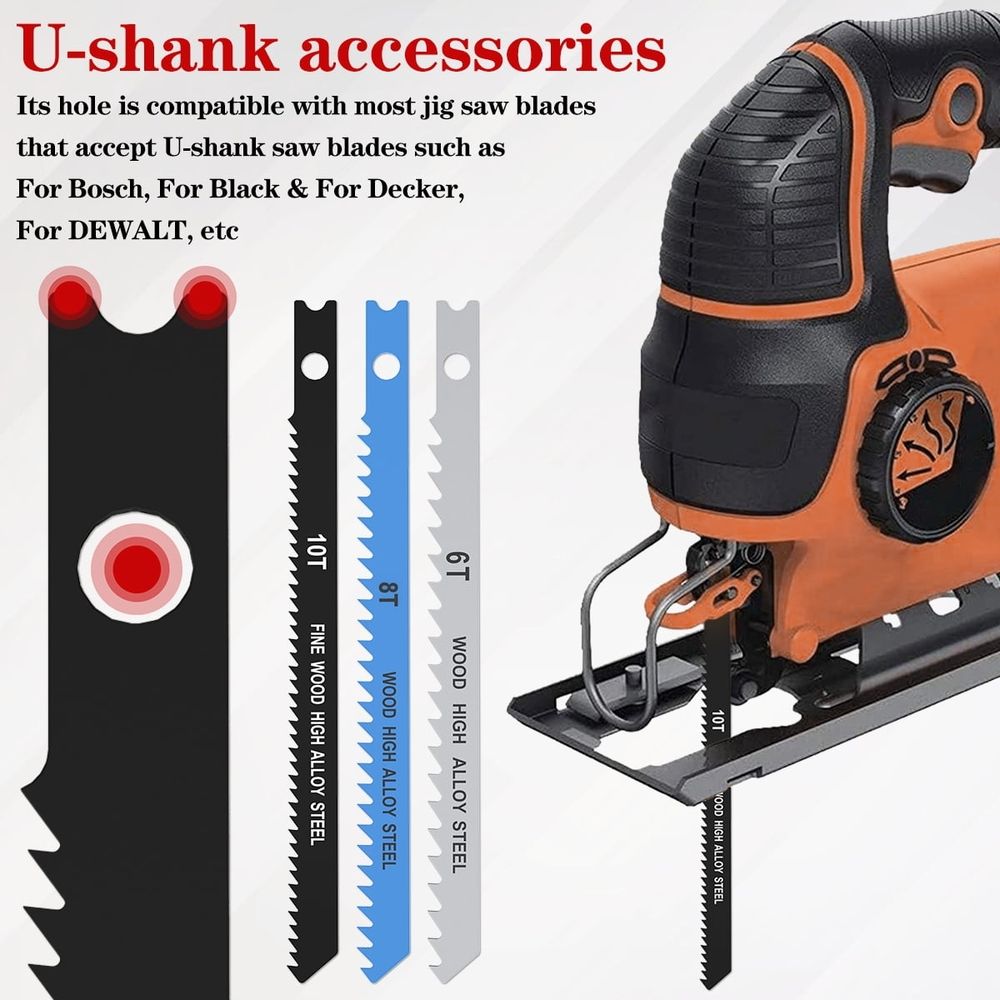 25pcs Jig Saw Blade Set 6T 8T 10T High Carbon Steel Assorted Saw Blades with U-shank Sharp Fast Cut Down Jigsaw Blade Woodworking Tool for Wood Metal Plastic Cutting
