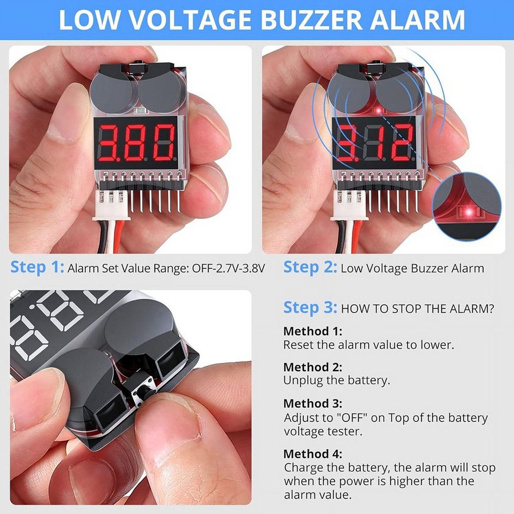 5PCS 2 In1 1-8 Battery Voltage Tester, RC Low Voltage Buzzer Alarm, Battery Monitor Checker Tester for Lipo/Li-Ion