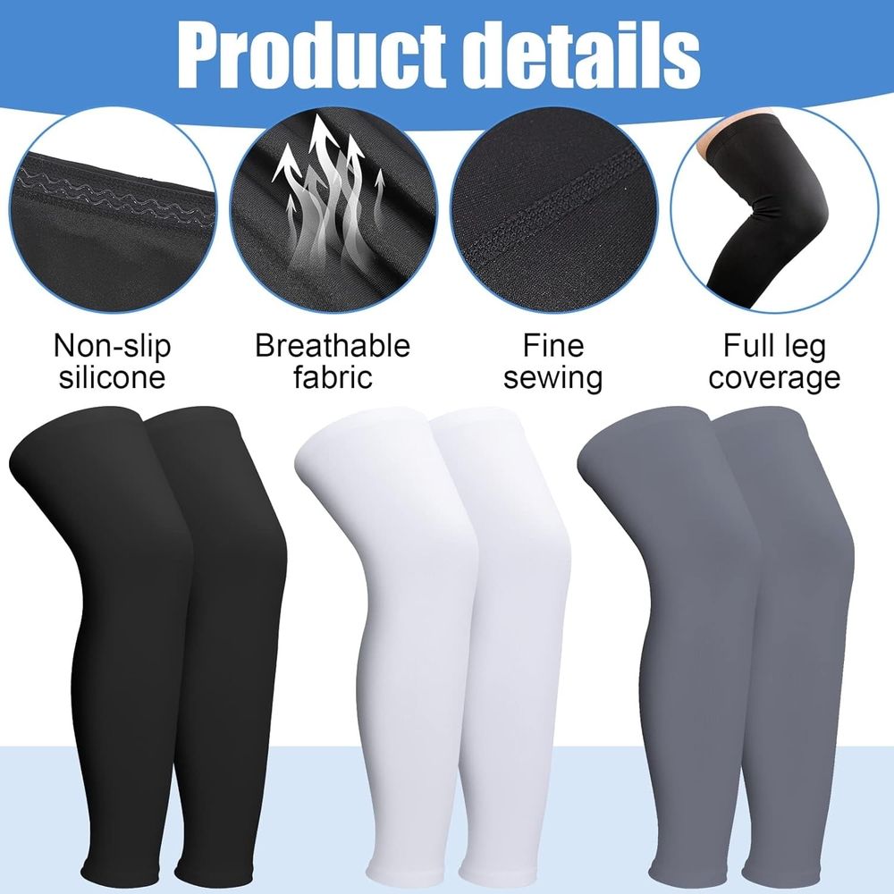 3 Pairs Leg Sleeves,Full Length Leg Compression Sleeve,Sports Leg Knee Sleeve with Anti Slip Silicone Strips,UV Protect Long Leg Sleeves for Men Women Basketball Football Running