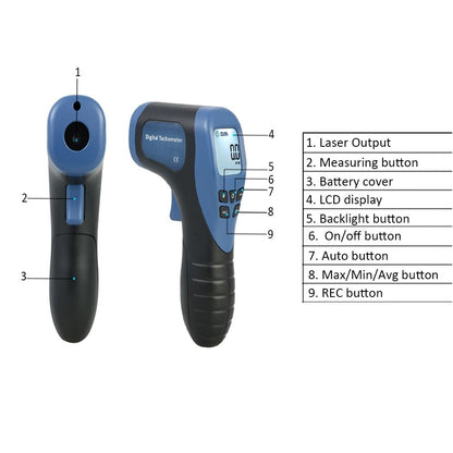 LCD Display Laser Digital Tachometer Automatic Manual Measurement Handheld Gun Type Design Blue