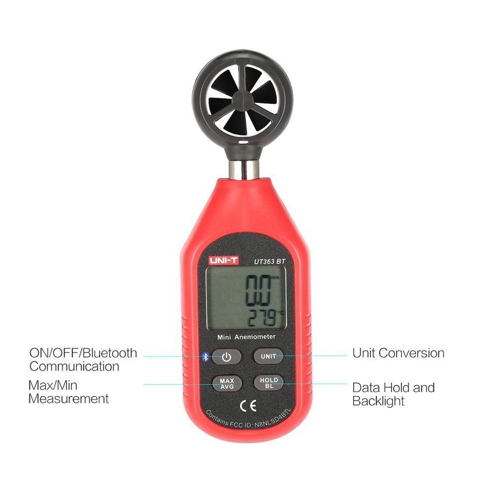 Portable UT363BT Digital Anemometer for Measure Wind Speed and Temperature by Bluetooth Red