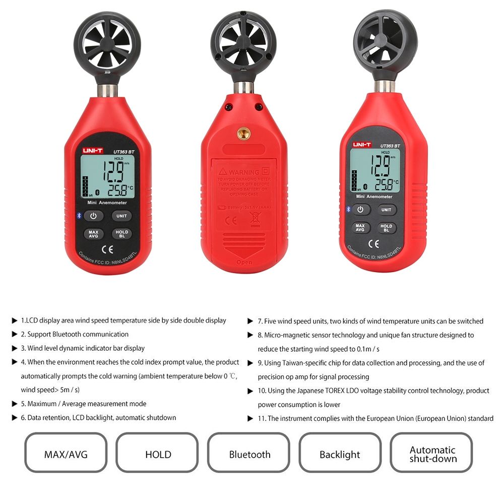 Portable UT363BT Digital Anemometer for Measure Wind Speed and Temperature by Bluetooth Red